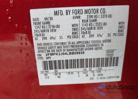 2020 Ford Edge Sel z USA, uszkodzony, nr VIN 2FMPK3J94LBB09938